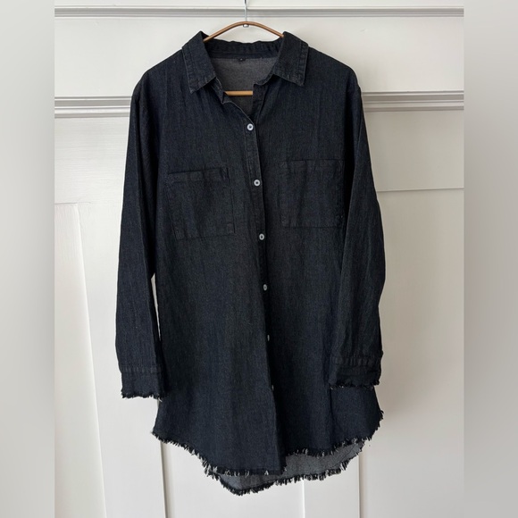 Denim Shirt Dress Women’s Small - Dark Wash Raw Hem - Picture 2 of 6